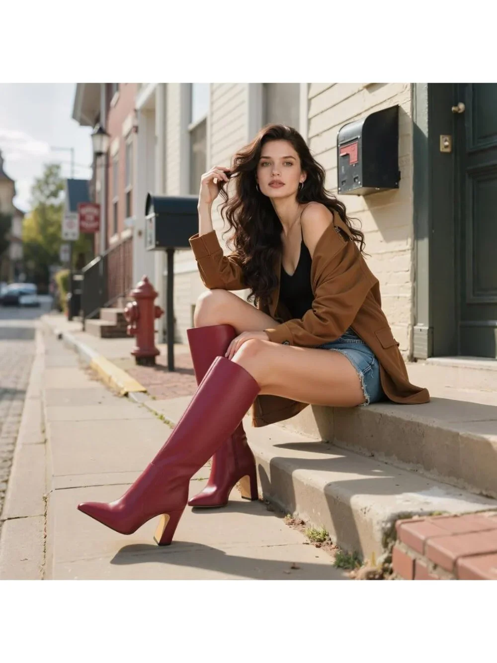 Women's Burgundy Pu Chunky Heel Pointed Toe Wide Calf Side Zipper Knee High Boot